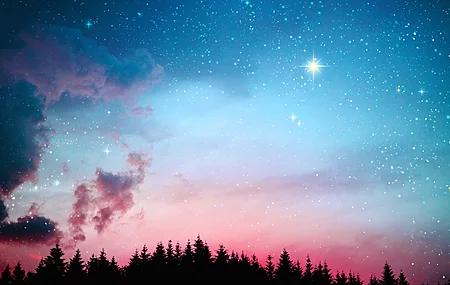天空 空间 星星 银河 黑暗 灯光 粉色 夜晚 森林 云彩 AI艺术 图片 4K壁纸
