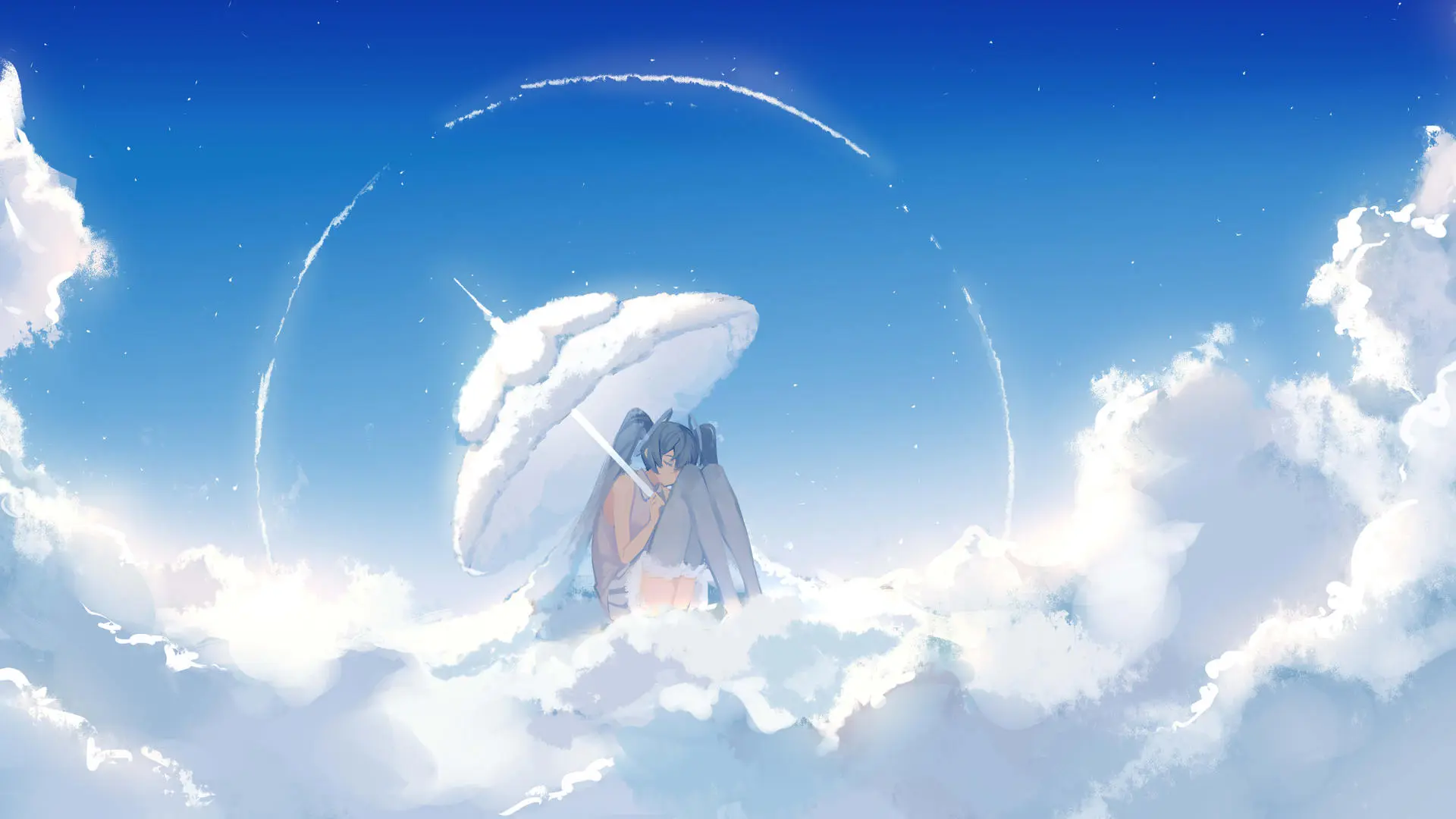 闭眼 动漫 女孩 初音 小提琴 天空 云 伞 双尾 4K壁纸