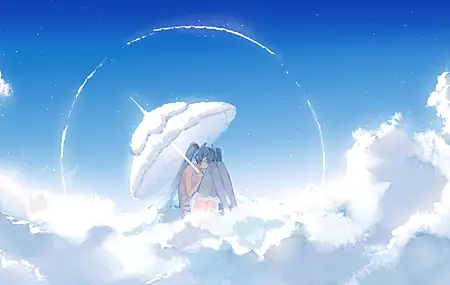 闭眼 动漫 女孩 初音 小提琴 天空 云 伞 双尾 4K壁纸