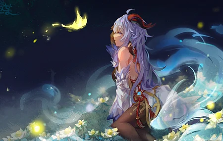 蓝头发 蓝眼睛 肩膀 跪着 长发 波浪 白酒 魔域边缘 感伤 原神 动漫 女孩 号角 精灵 4K壁纸