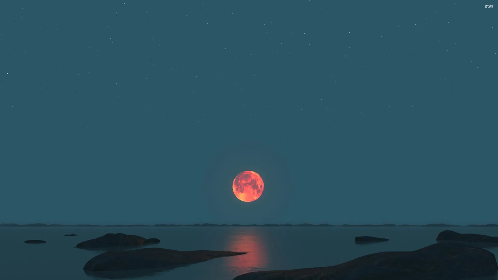 月光 海洋 自然 水 天空 红月 满月 4K壁纸