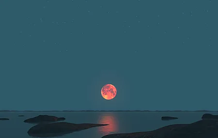 月光 海洋 自然 水 天空 红月 满月 4K壁纸