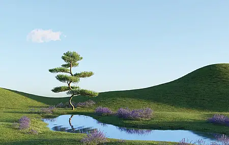 AI艺术 自然 风景 田野 树木 河流 倒影 水 4K壁纸