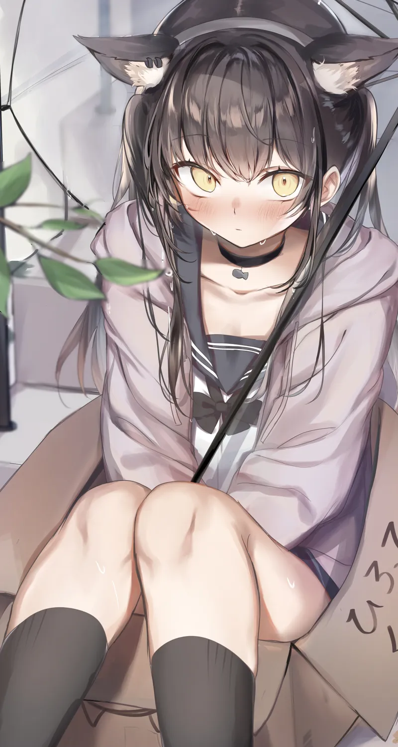 深色头发 动漫 女孩 AI艺术 校服 雨伞 猫耳 黄眼睛 脸红 汗水 楼梯 手机壁纸 4K壁纸
