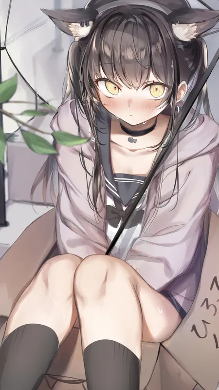 深色头发 动漫 女孩 AI艺术 校服 雨伞 猫耳 黄眼睛 脸红 汗水 楼梯 手机壁纸 4K壁纸