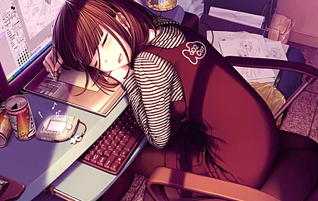 深色头发 原创 人物 动漫 女孩 电脑 平板电脑 睡眠 椅子 AI艺术 绘画 键盘 零食 显示器 素描 罐头 条纹服装 4K壁纸
