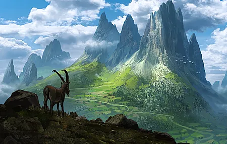 云 岩石 山羊 AI艺术 风景 素描 艺术 4K壁纸