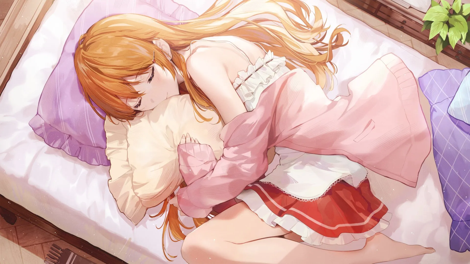红发 闭眼 动漫 女孩 睡眠 4K壁纸