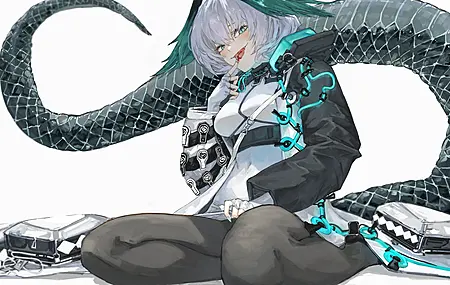 舌头 短发 动漫 女孩 简单背景 血 尾巴 白色背景 手套 明日方舟 蛇尾 4K壁纸