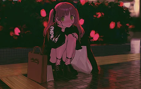 原创 人物 绿眼睛 刘海 长发 红发 跪着 动漫 女孩 夜晚 双尾 尴尬 哥特式 洛丽塔 4K壁纸