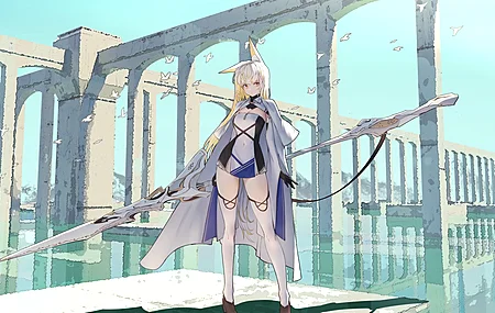 站立 红眼睛 金发 伊塔科 动漫 女孩 武器 兽耳 长矛 长袜 连衣裙 4K壁纸
