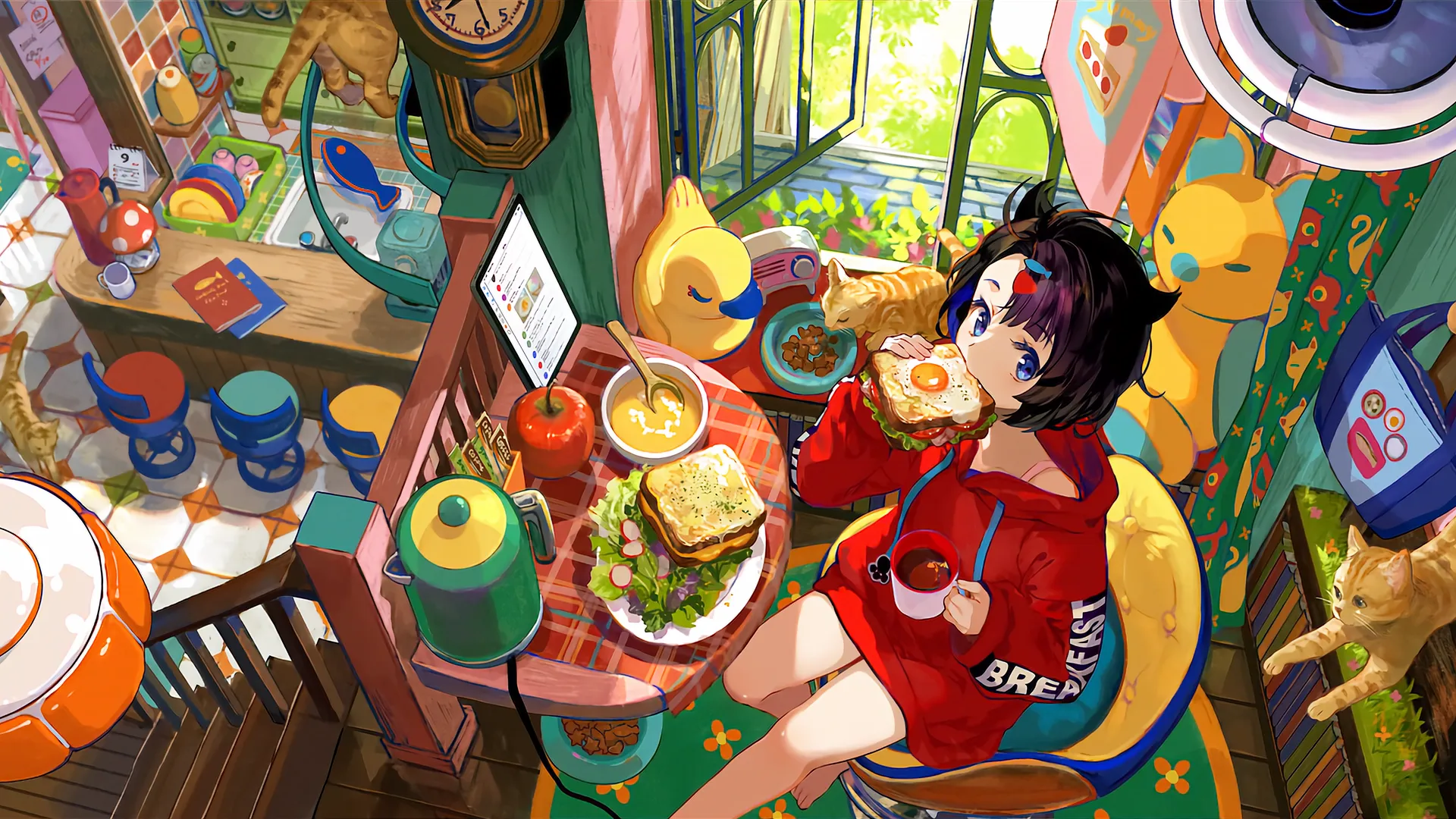 动漫 女孩 插图 鸟瞰 4K壁纸