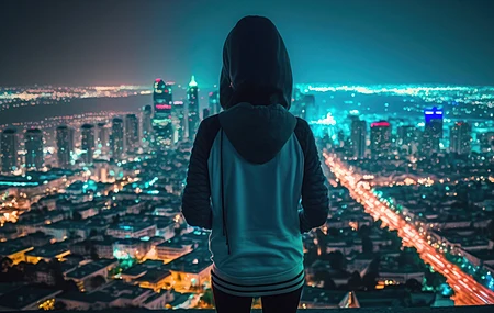 女性 艺术 城市 天际线 夜晚 城市灯光 青色 城市景观 引擎盖 4K壁纸
