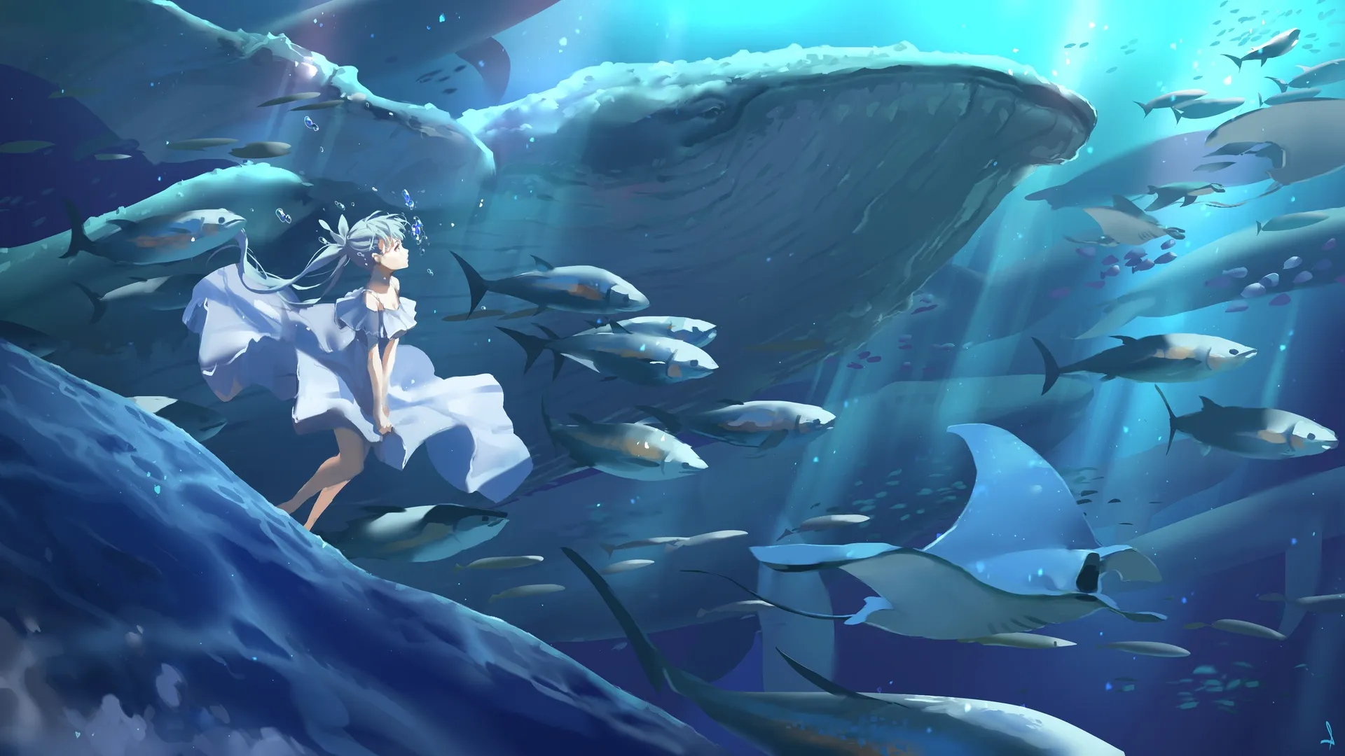 原创 人物 长发 蓝色头发 女孩 动漫 海洋 鱼 水下 鲸鱼 服装 4K壁纸
