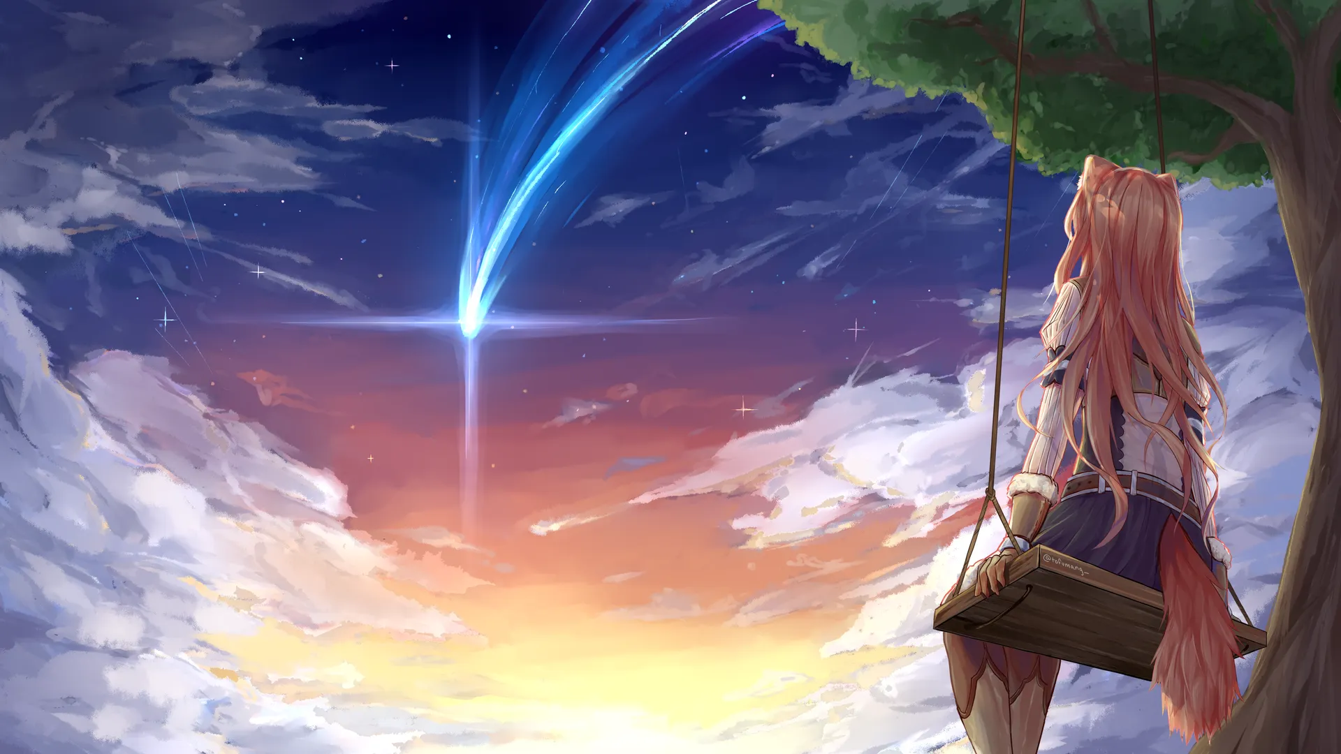  动画 动漫 流行 天空 秋千 星星 夜晚 狐狸耳朵 耳朵 尾巴 4K壁纸