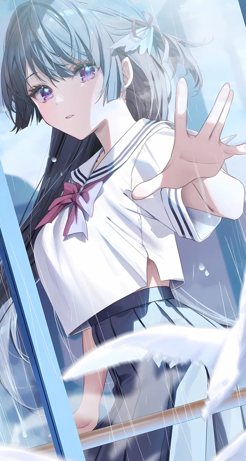 女学生 长发 站立 动漫 女孩 校服 小鸟 阳光 倒影 手机壁纸 4K壁纸