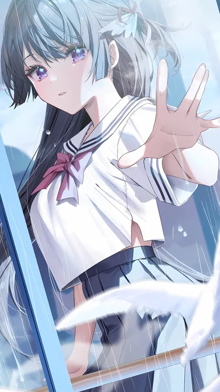 女学生 长发 站立 动漫 女孩 校服 小鸟 阳光 倒影 手机壁纸 4K壁纸