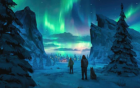 极光 雪 AI艺术 夜 天空 图片 绘画 松树 灯光 4K壁纸