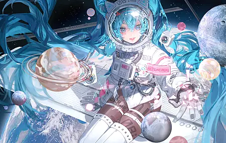 蓝头发 长发 动漫 女孩 初音未来 太空 宇航服 月球 地球 猫耳 8K壁纸