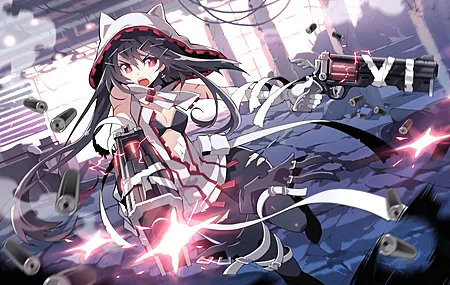 红眼睛 长发 深色头发 枪 女孩 动漫 枪支 武器 连裤袜 耳环 废墟 比基尼 4K壁纸