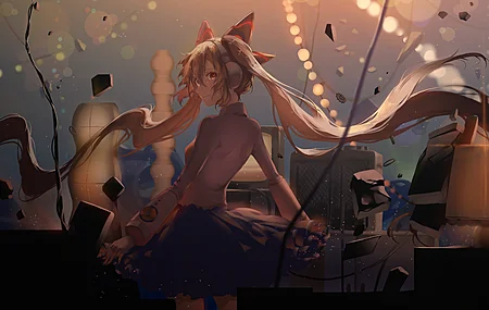 长发 肩膀 初音 小提琴 动漫 女孩 双尾 耳机 衬衫 裙子 灯光 奇幻艺术 素描 AI艺术 插图 4K壁纸