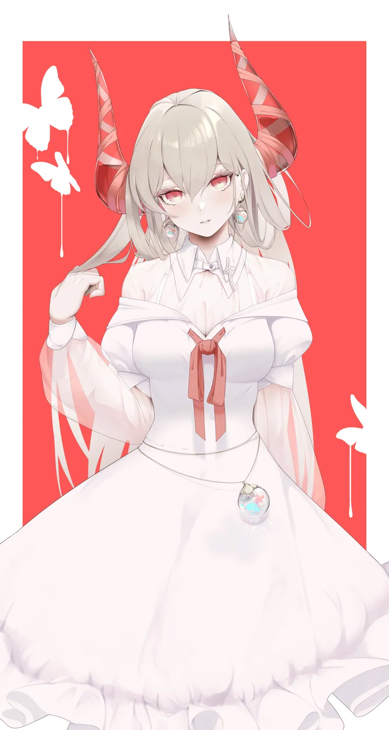 原创 人物 红眼睛 动漫 女孩 角 灰色头发 连衣裙 手机壁纸 4K壁纸