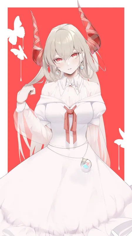 原创 人物 红眼睛 动漫 女孩 角 灰色头发 连衣裙 手机壁纸 4K壁纸