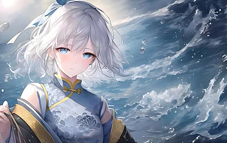 蓝眼睛 AI艺术 动漫 女孩 国风 汉服 水 银色头发 4K壁纸
