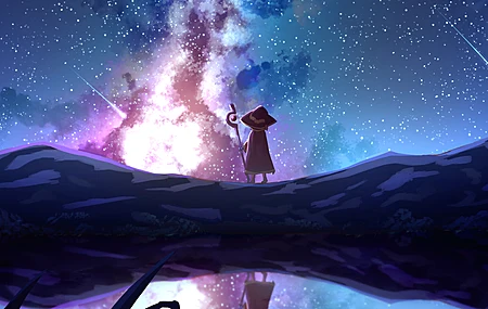 短发 动漫 女孩 女巫帽子 女巫 星星 流星 星夜 夜晚 手机壁纸 4K壁纸