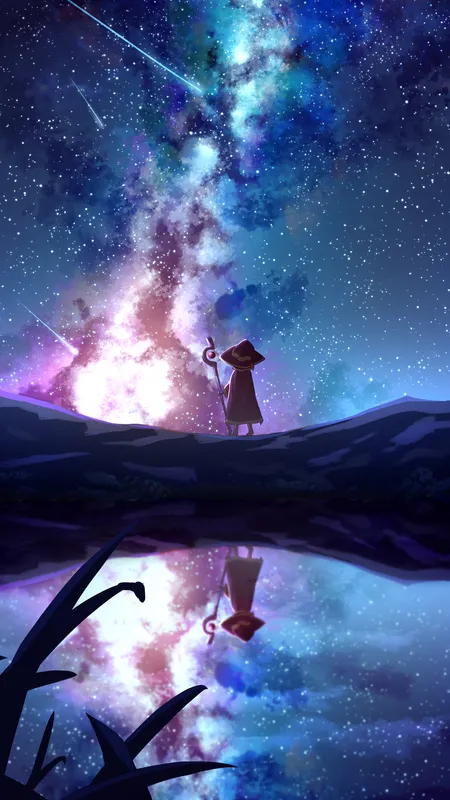 短发 动漫 女孩 女巫帽子 女巫 星星 流星 星夜 夜晚 手机壁纸 4K壁纸