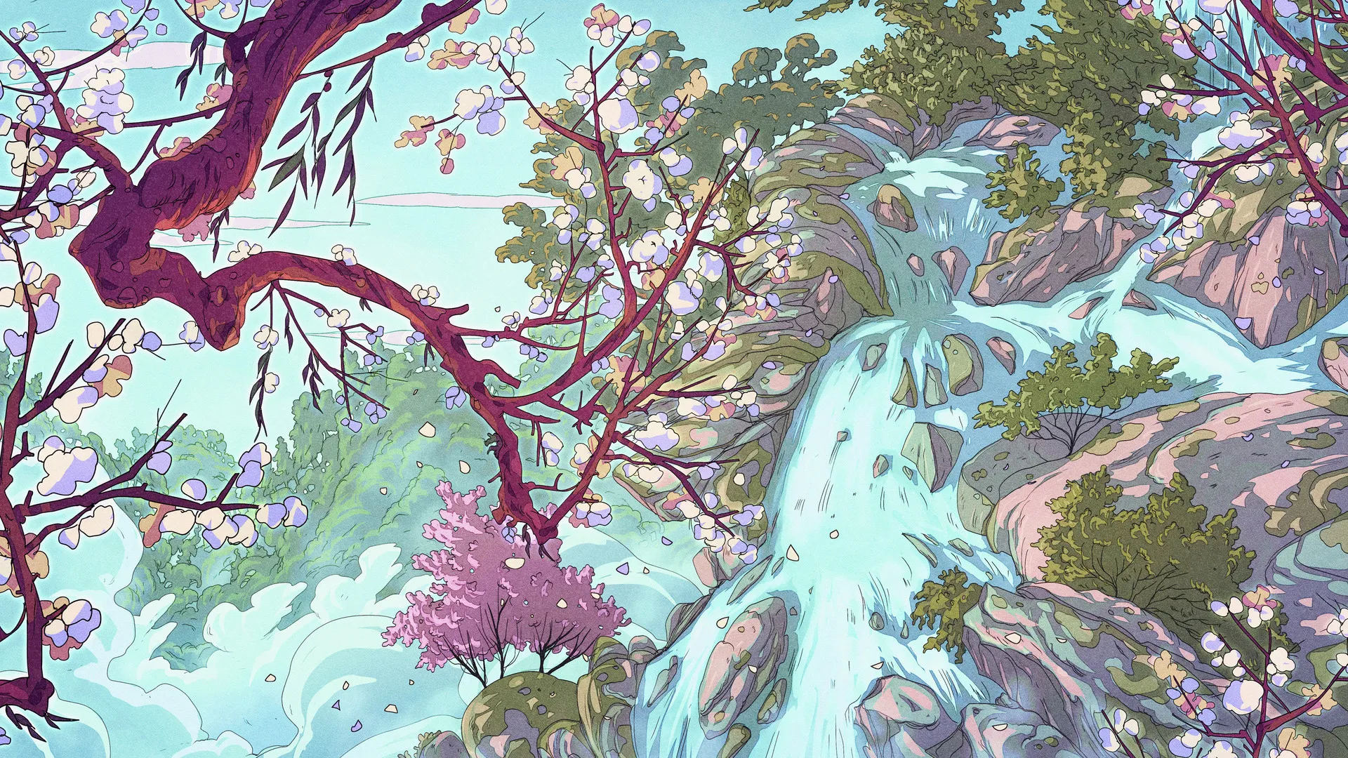 AI艺术 奇幻艺术 瀑布 花瓣 水 4K壁纸