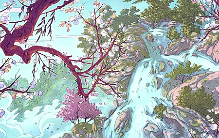 AI艺术 奇幻艺术 瀑布 花瓣 水 4K壁纸