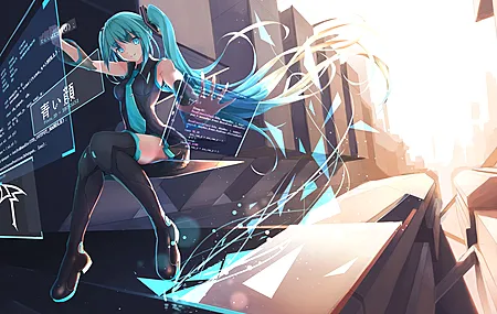 长发 蓝头发 蓝眼睛 动漫 女孩 初音 双尾 计算机 界面 代码 青色头发 4K壁纸