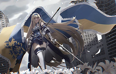 金发 动漫 女孩 花 武器 国旗 明日方舟 命运系列 4K壁纸