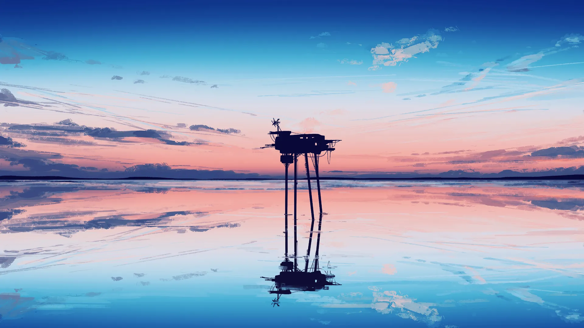 优雅 AI艺术 插图 风景 宽屏 海 水 云 塔 早晨 超宽 夕阳 辉光 日落 天空 4K壁纸