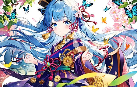 蓝头发 蓝眼睛 长发 动漫 女孩 原神 蝴蝶 鲜花 和服 花瓣 五颜六色 4K壁纸
