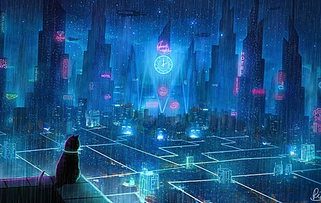 AI艺术 城市 未来主义 猫 奇幻艺术 科幻小说 远望 青色 霓虹灯 4K壁纸