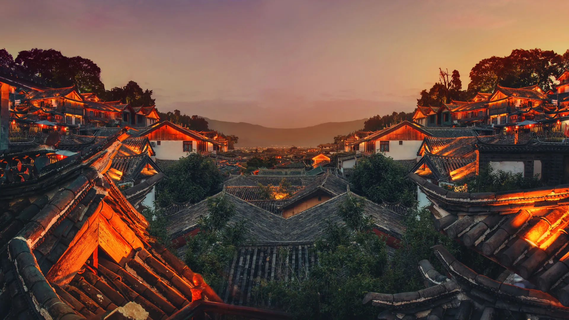 摄影 夕阳 山脉 地平线 国风 城市 景观 老建筑 4K壁纸