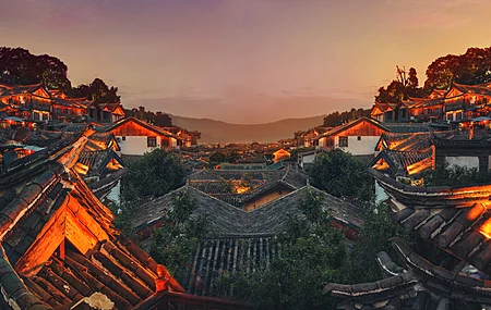 摄影 夕阳 山脉 地平线 国风 城市 景观 老建筑 4K壁纸