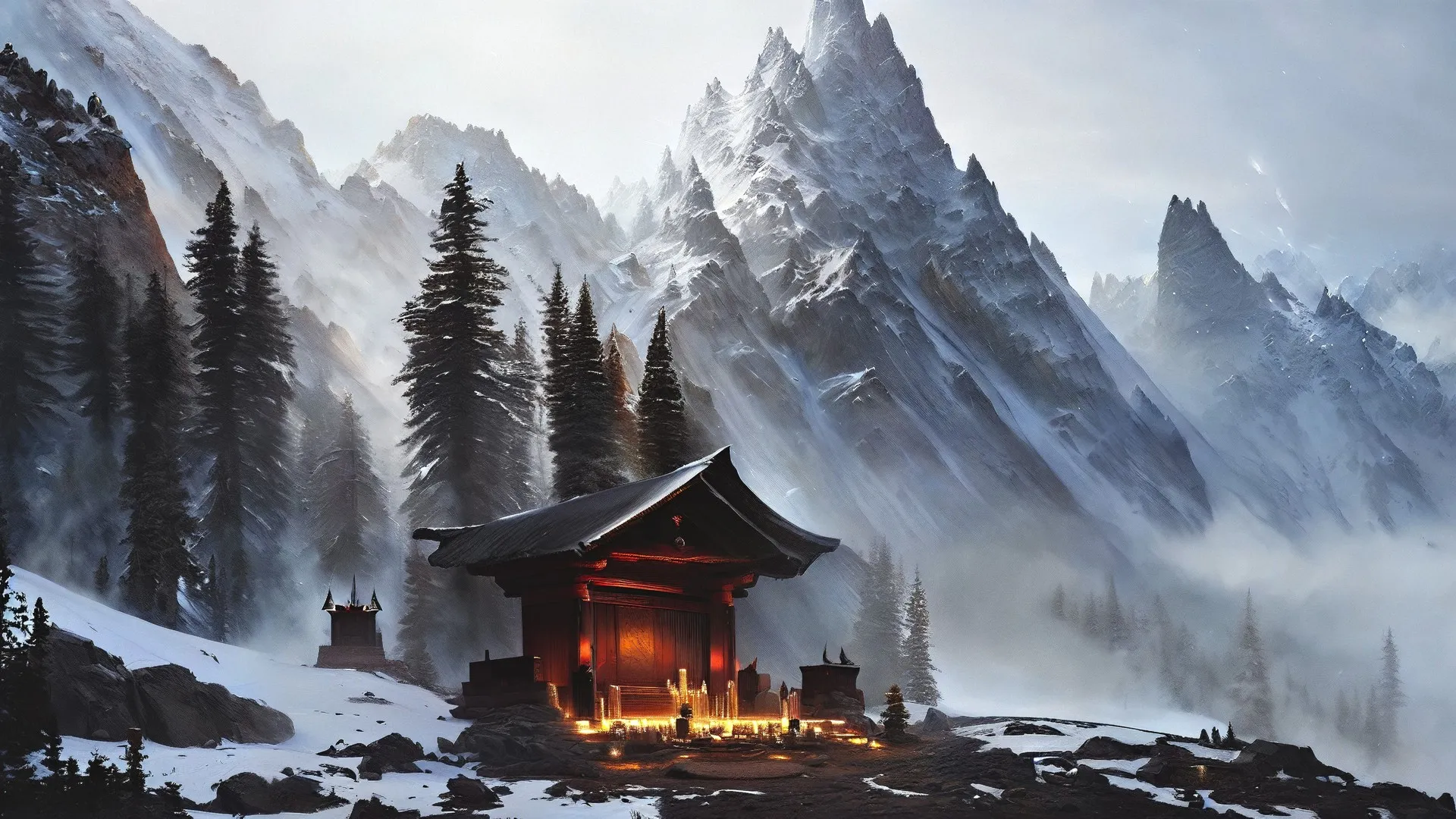 无名 艺术 雪 山 圣地 树木 蜡烛 风景 薄雾 4K壁纸