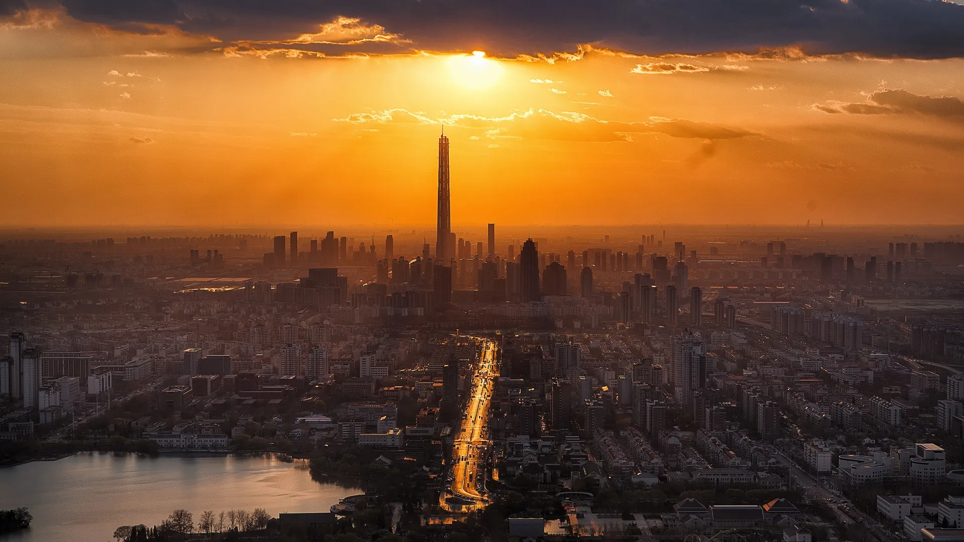 城市 建设 道路 太阳 云 建筑 湖 城市 景观 4K壁纸