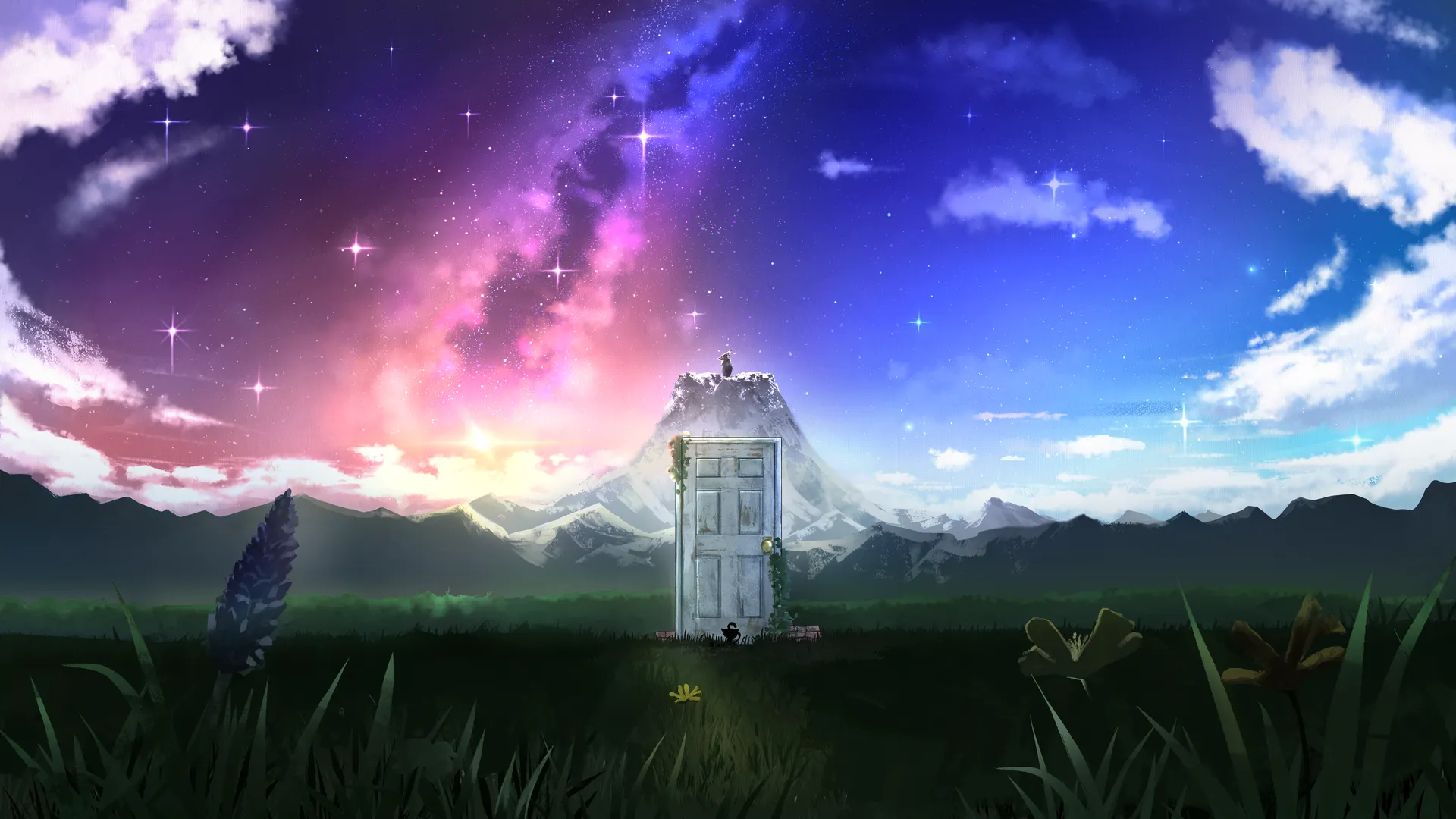 风景 田野 门 自然 山 天空 云 星星 AI艺术 星空 草 天气之子 4K壁纸