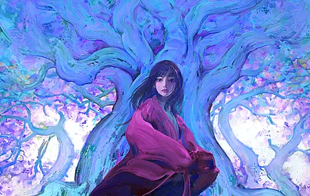 女人 黑发 数码艺术 插图 绘画 蓝色 森林 树木 4K壁纸