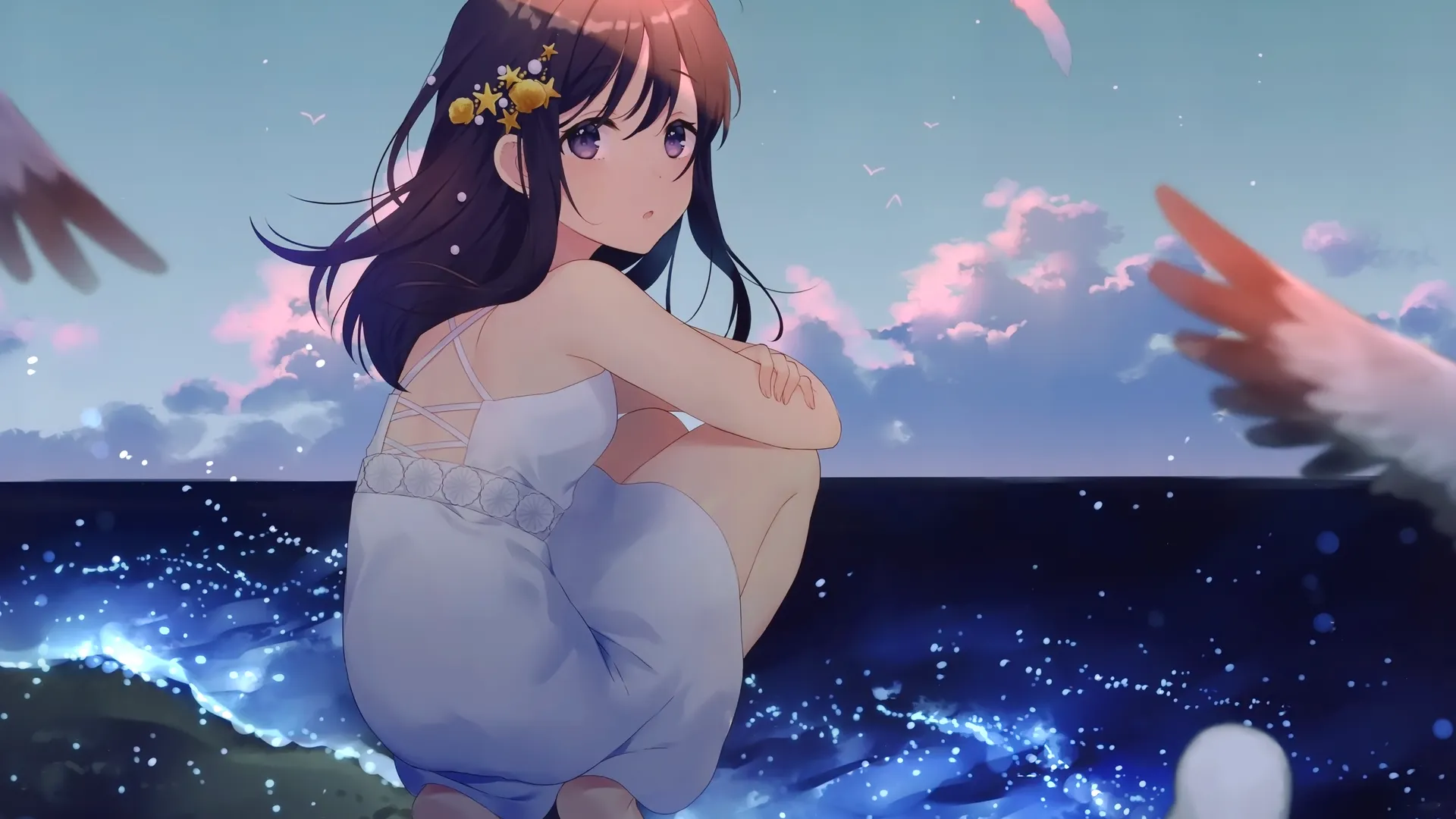 动漫 女孩 海滩 大海 太阳裙 4K壁纸