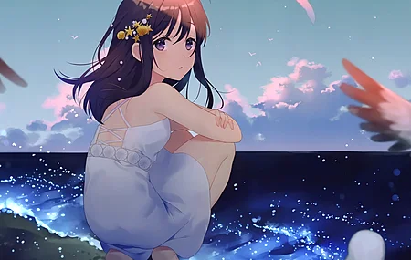 动漫 女孩 海滩 大海 太阳裙 4K壁纸