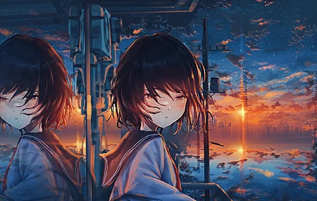 原创 人物 黑发 女学生 眼泪 短发 动漫 女孩 天空 城市 棕色眼睛 校服 云 夕阳辉光 日落 倒影 建筑 电线杆 星星 星夜 哭泣 窗户 4K壁纸