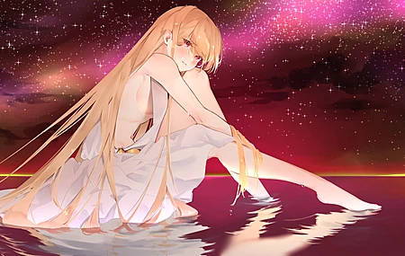 金发 侧 抱膝 红眼睛 赤脚 雨牙 天空 夜晚 地平线 白色 连衣裙 动漫 女孩 4K壁纸