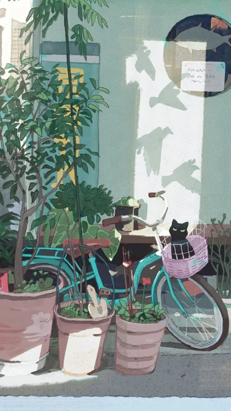 阳光 AI艺术 数字绘画 和平 街头艺术 植物 角落 黑猫 花盆 树叶 猫 动物 手机壁纸 4K壁纸