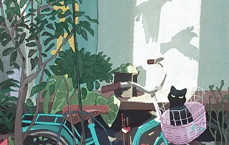 阳光 AI艺术 数字绘画 和平 街头艺术 植物 角落 黑猫 花盆 树叶 猫 动物 手机壁纸 4K壁纸