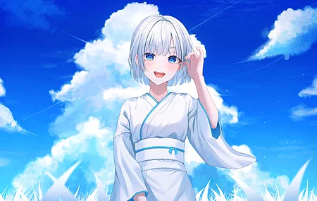 蓝眼睛 短发 眼泪 沙林 动漫 女孩 天空 云 白色衣服 服装 银发 4K壁纸